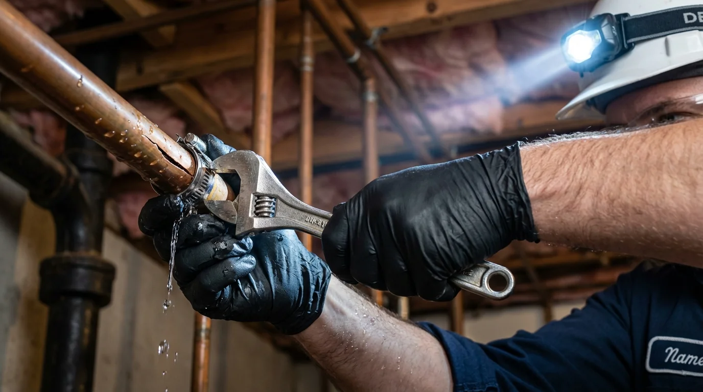 Emergency pipe clamp repair being performed by a Johns Plumbing LLC plumber in Garretson