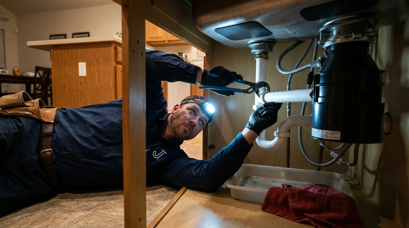 P-trap and supply line connections under a kitchen sink showing a common leak point in Garretson, SD
